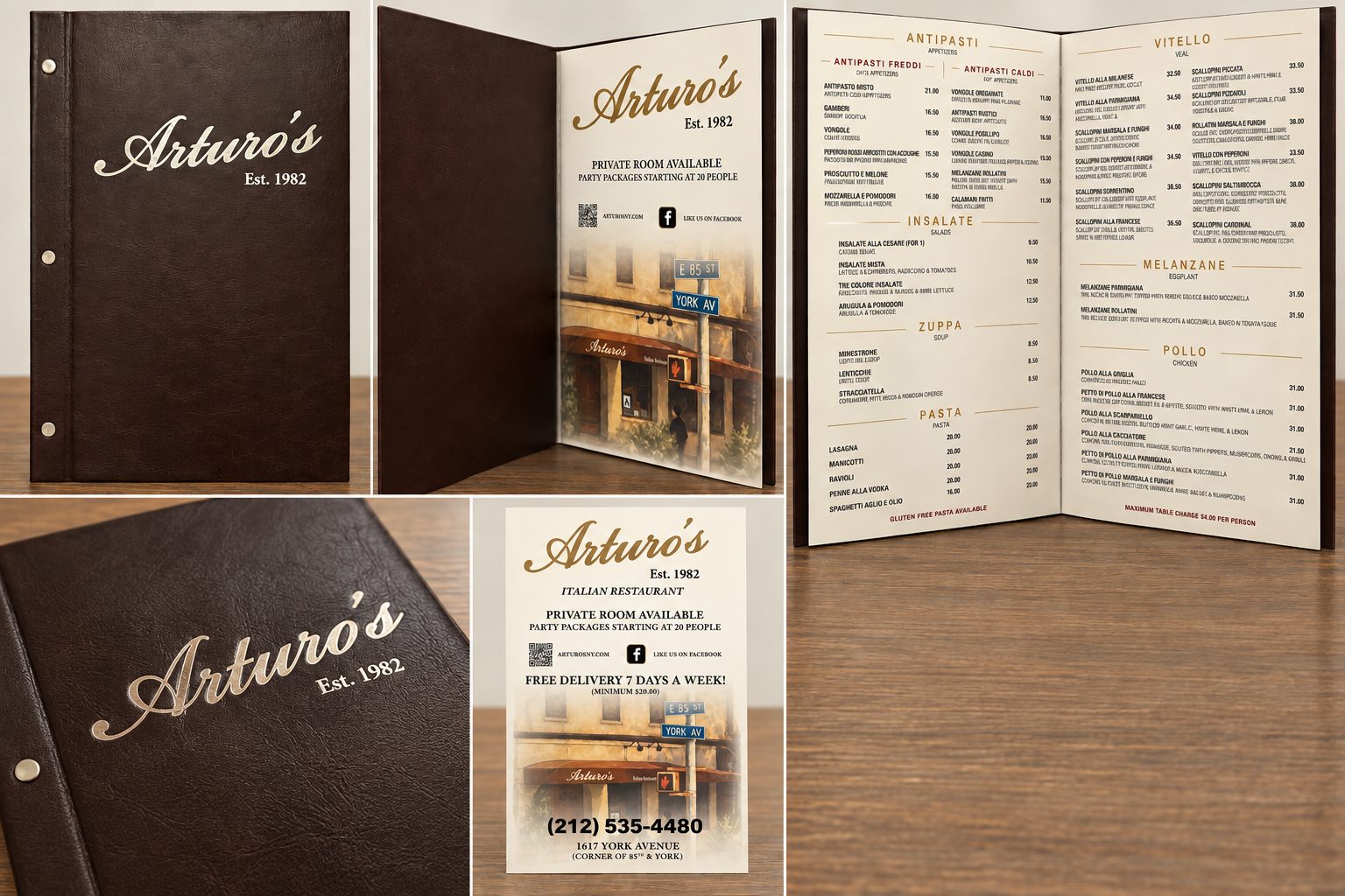 Menu covers, an open menu spread, and a takeout flyer designed for Arturo's Restaurant